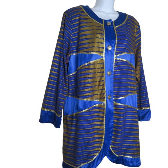 Vintage 70s Mod Coat Jacket L Blue Gold Mid Length Buttons Shoulder Pads Boho - Picture 7 of 15